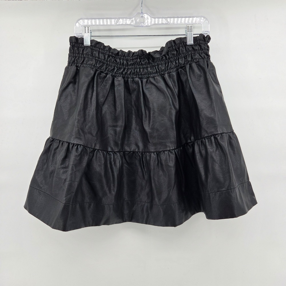 Anthropologie Faux Leather Mini Skirt L Black Tiered Smocked Waist